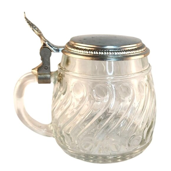 Original BMF W. Germany Glass Stein Pewter Lid Vintage Etched Glass Tankard Swir - Picture 6 of 11
